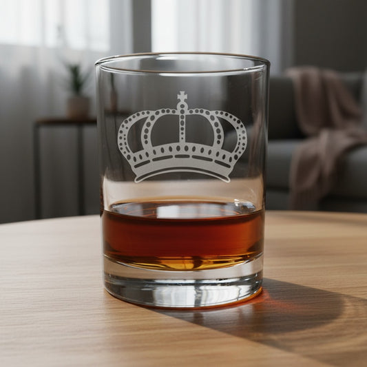 Clear whiskey glass with a permanent sand etched crown design, partially filled with whiskey on a wooden tabletop.