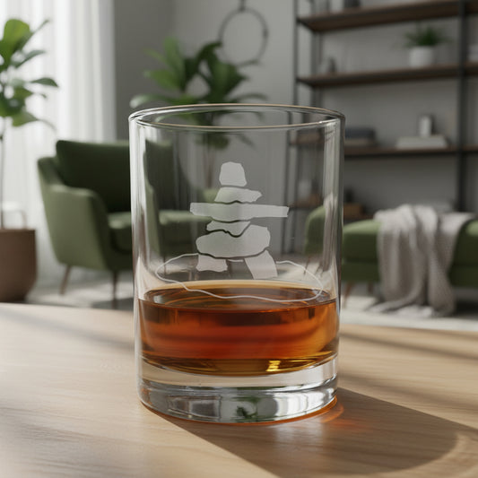 A clear rocks glass with an etched inukshuk (stacked stone) design, partially filled with amber whiskey, sitting on a light wood surface 
