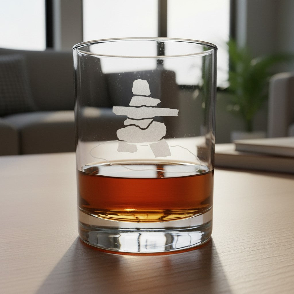 A clear rocks glass with a etched Inuksuk design, partially filled with amber whiskey, sitting on a light wood table