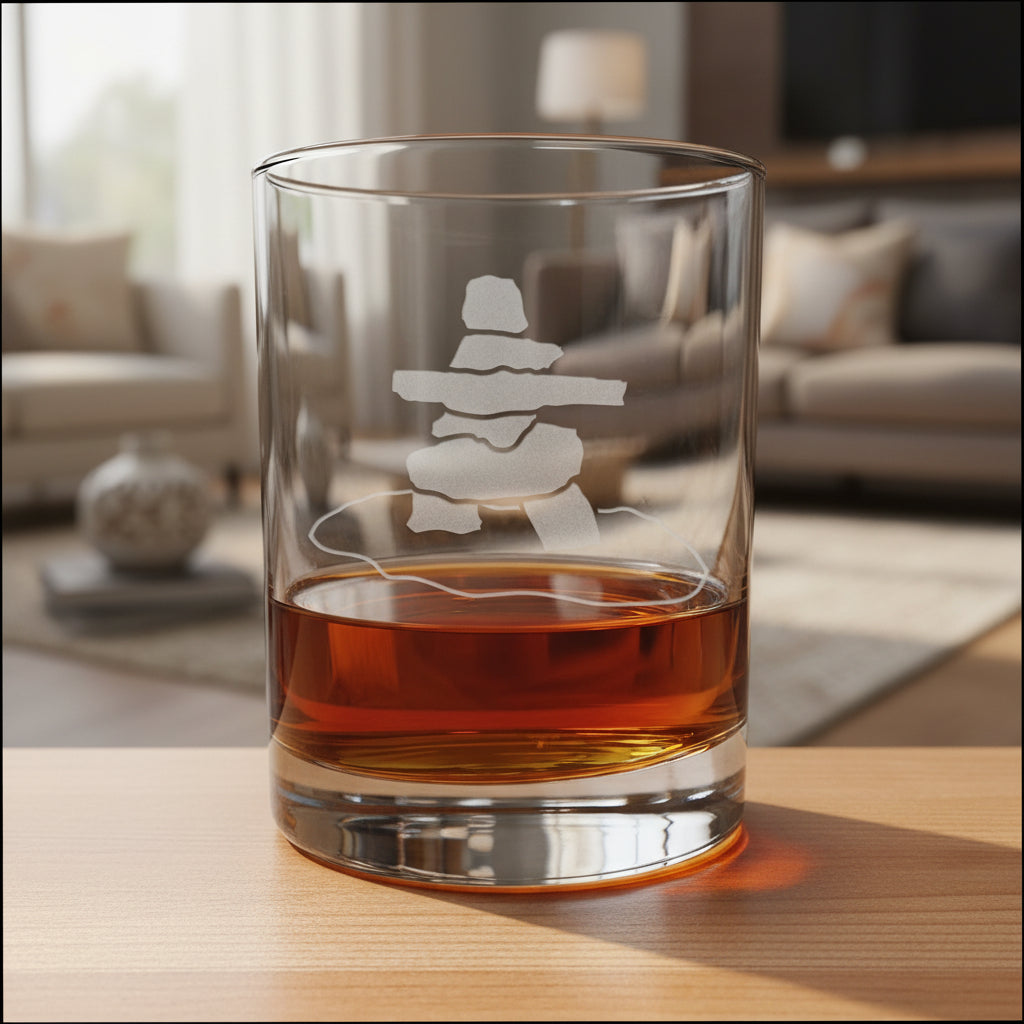 A clear rocks glass with an etched inukshuk (stacked stone) design, partially filled with amber whiskey, sitting on a light wood surface 