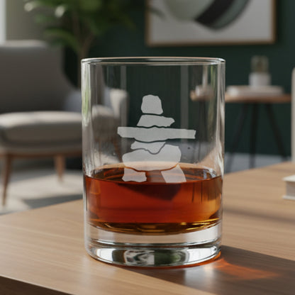 A clear glass rocks tumbler with an etched Inuksuk design, partially filled with amber whiskey, resting on a light wood surface 