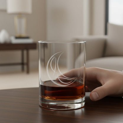 A clear lowball glass with an etched crescent moon design, partially filled with amber liquid, resting on a dark wooden table with a hand holding the side. The background shows a softly blurred modern living room interior.
