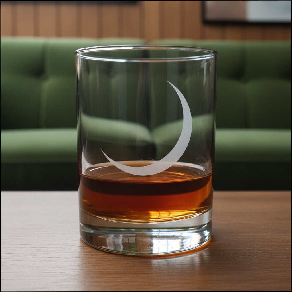 A clear glass rocks tumbler with an etched crescent moon design, partially filled with amber whiskey, set on a light wood surface against a green couch.