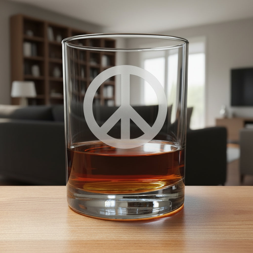 A clear rocks glass with a frosted peace sign, partially filled with amber whiskey, sitting on a light wood surface against a modern living room