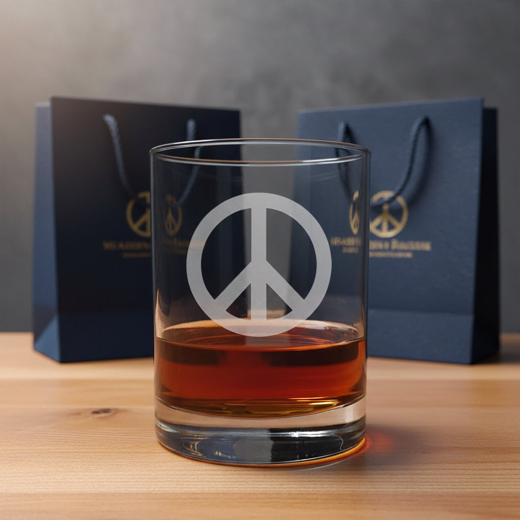Peace Symbol Whiskey Glass 13oz - Sand Etched Rocks Glass