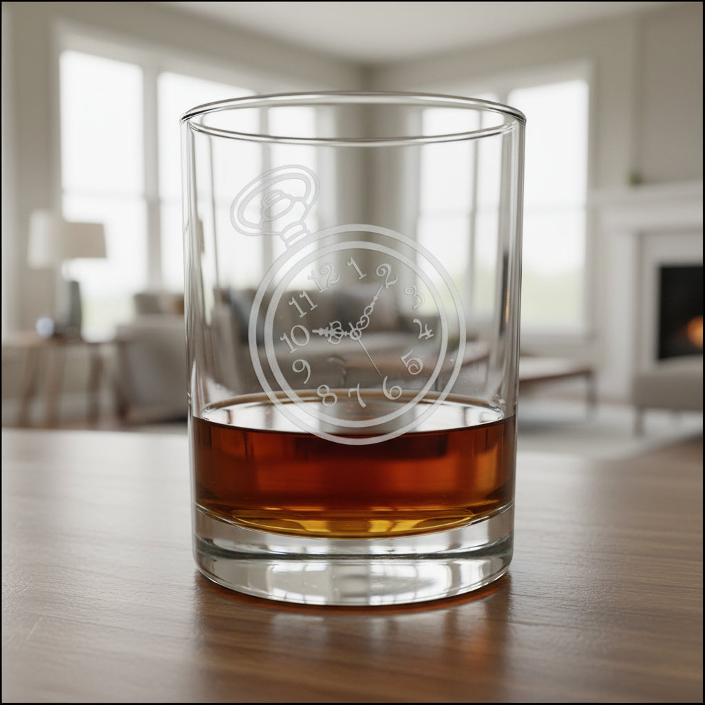 A clear rocks glass with an etched pocket watch design, partially filled with amber whiskey, sitting on a light wood surface against modern living room