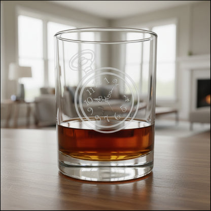 A clear rocks glass with an etched pocket watch design, partially filled with amber whiskey, sitting on a light wood surface against modern living room