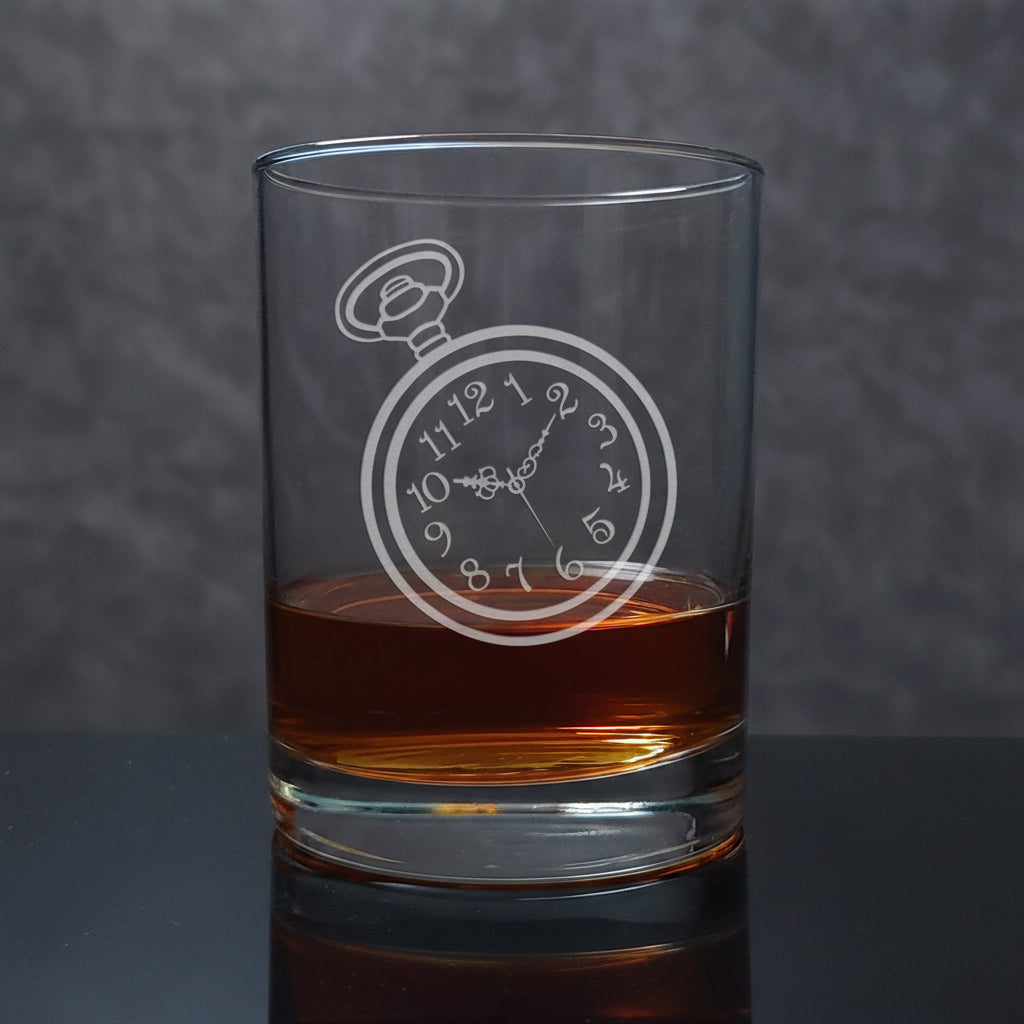 Pocket Watch 13oz Whiskey Glass - Deep Sand Etched Old Fashioned Glass