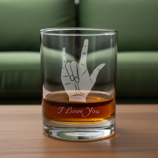 I Love You Sign Language 13oz Whiskey Glass | Deep Sand Etched Rocks Glass