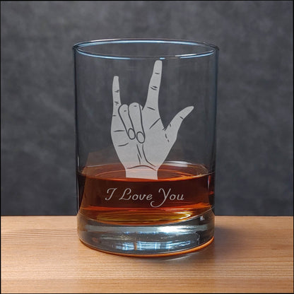 I Love You Sign Language 13oz Whiskey Glass | Deep Sand Etched Rocks Glass