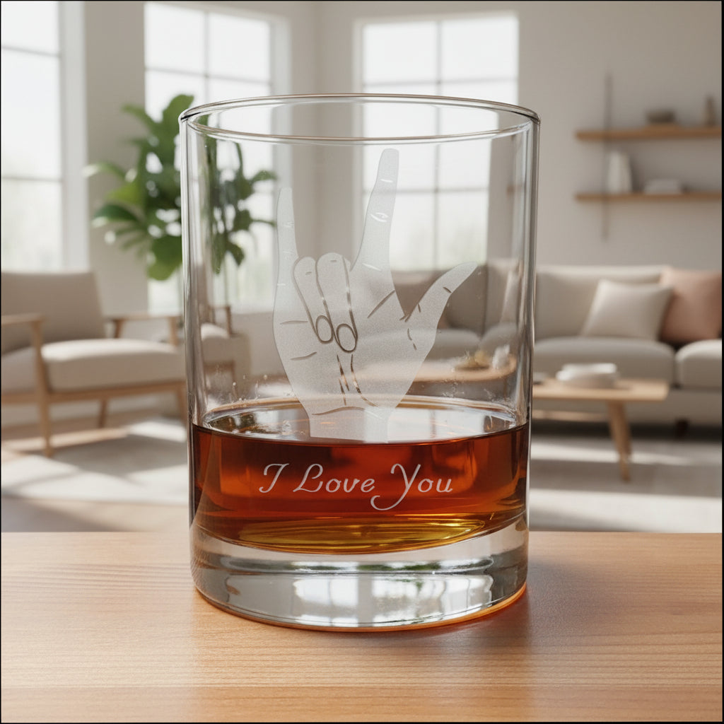 I Love You Sign Language 13oz Whiskey Glass | Deep Sand Etched Rocks Glass