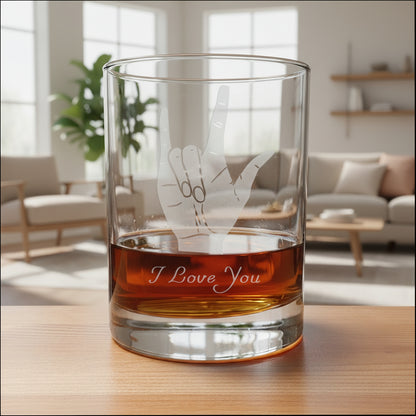 I Love You Sign Language 13oz Whiskey Glass | Deep Sand Etched Rocks Glass