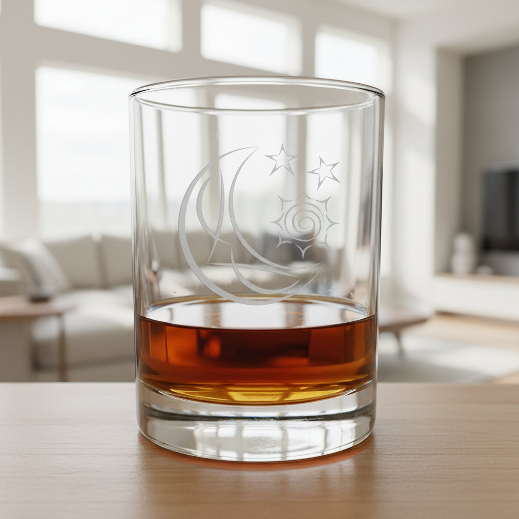 A clear glass rocks tumbler with an etched crescent moon and stars design, partially filled with amber-colored liquid, set on a wooden surface against a modern living room