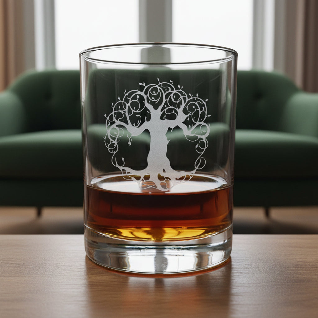 A clear glass rocks tumbler with an etched tree of life design, partially filled with amber whiskey, sitting on a light wood surface against a green couch background.