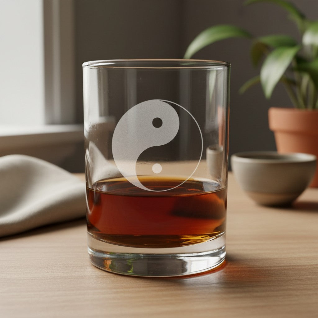 A clear rocks glass with a white etched yin-yang symbol, partially filled with amber liquor, set on a wooden table with a blurred plant and small bowl in the background.