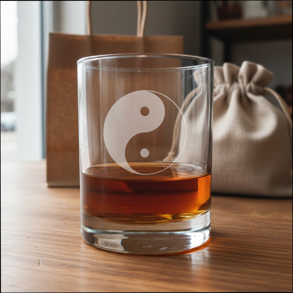 A clear rocks glass with an etched yin-yang symbol, partially filled with amber liquor, sitting on a wooden table with a brown paper bag and a beige drawstring pouch in the background.