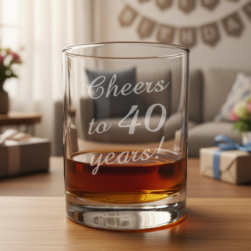 Clear glass tumbler with 'Cheers to 40 years!' engraving, filled with amber liquid on a wooden surface.