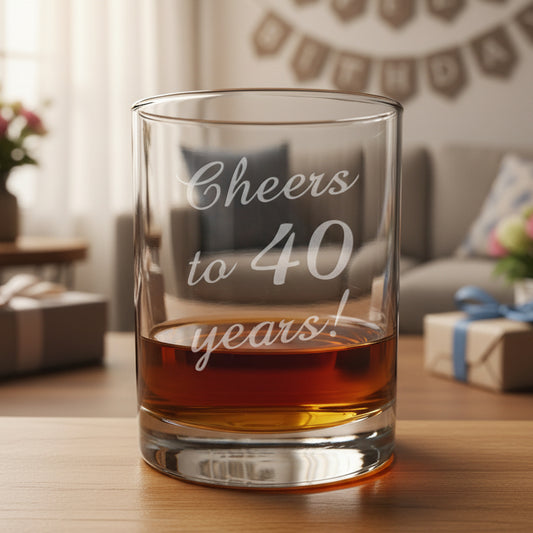 Clear glass tumbler with 'Cheers to 40 years!' engraving, filled with amber liquid on a wooden surface.