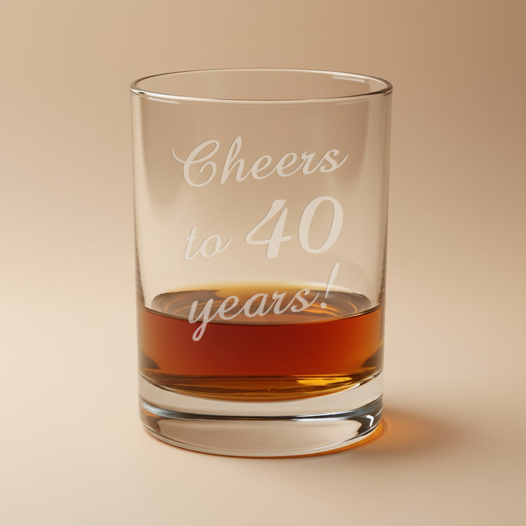Glass with 'Cheers to 40 years!' text filled with amber liquid on a wooden surface.