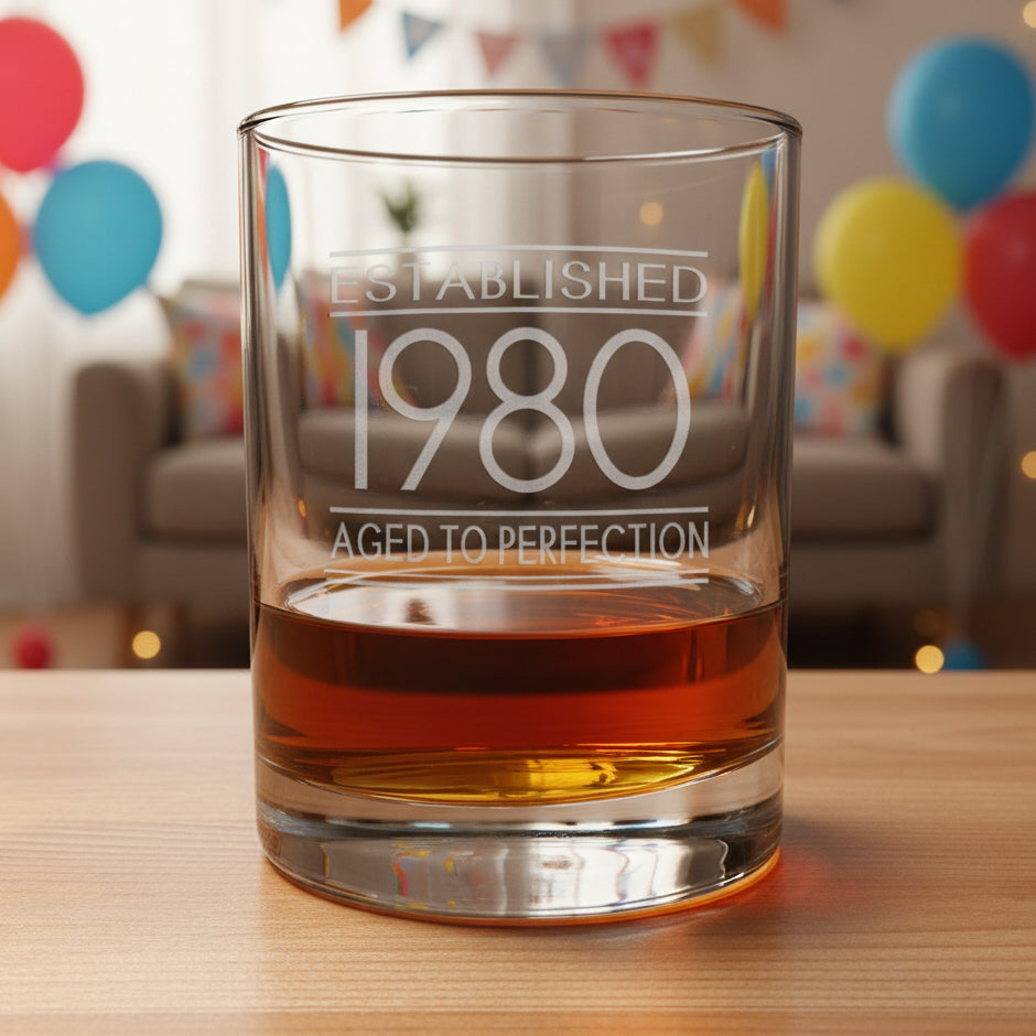 Glass tumbler with engraved text 'Established 1980 Aged to Perfection' on a wooden surface.