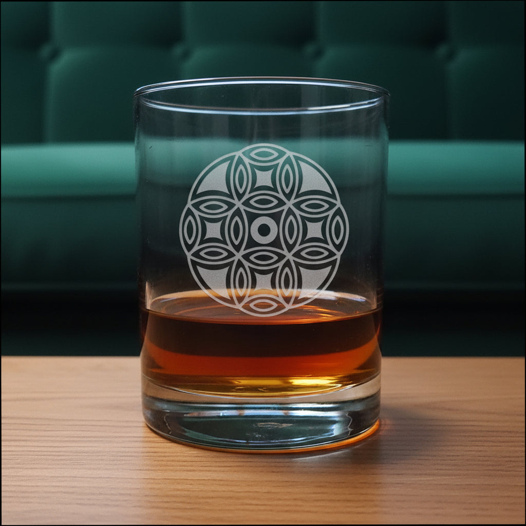 A clear glass rocks tumbler with an etched geometric flower pattern, partially filled with amber whiskey, set on a wooden surface against a green couch background.
