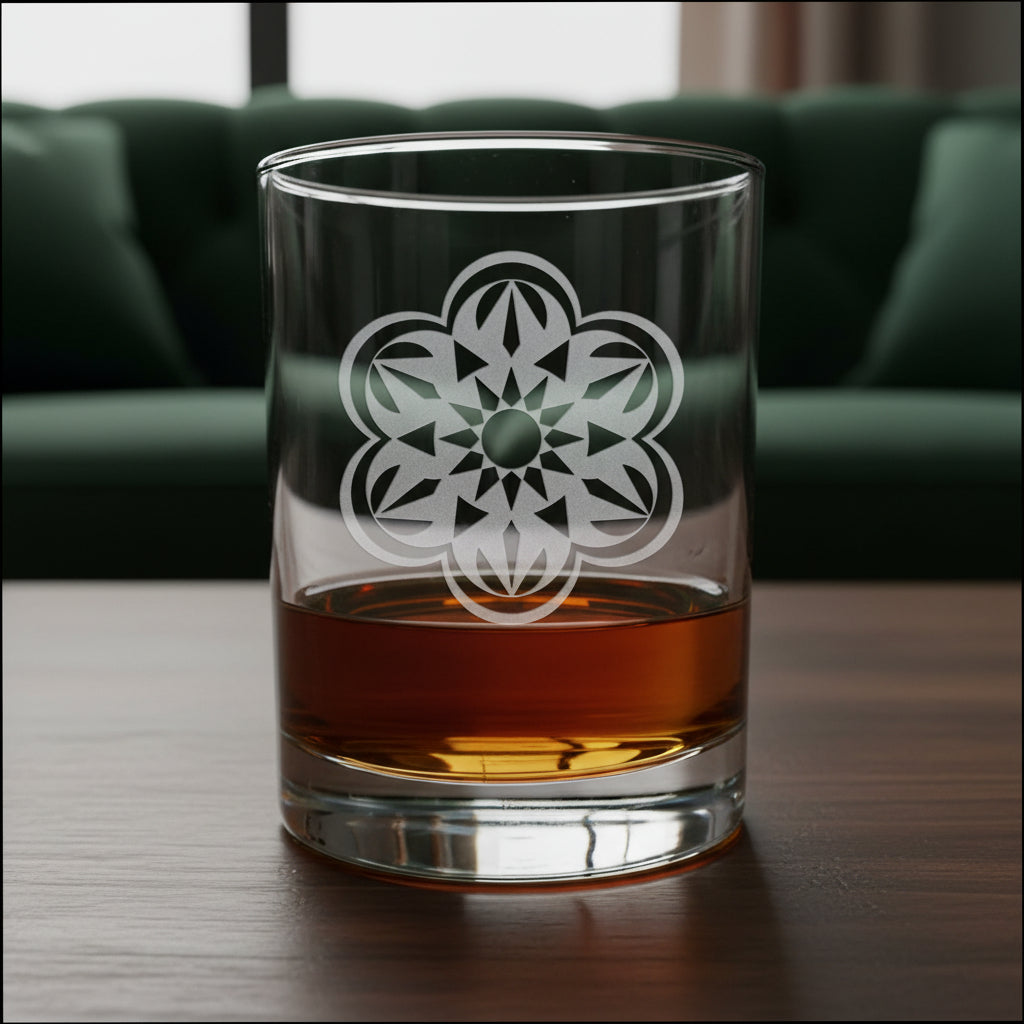 A clear rocks glass with an etched white floral mandala design, partially filled with amber whiskey, set on a light wood surface against a green  background.