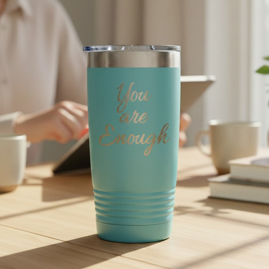 A light blue insulated travel tumbler with a clear lid stands on a wooden table. The front is laser engraved with the phrase 'You are Enough' in metallic gold script.