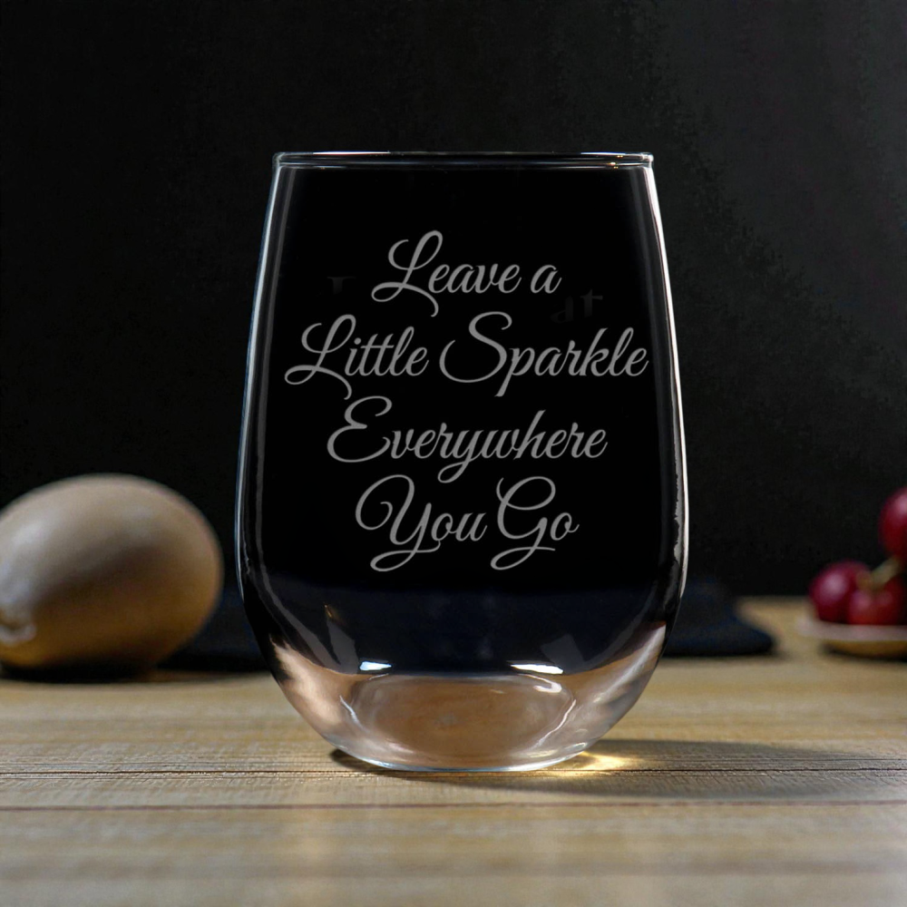 17oz Motivational Stemless Wine Glass – “Leave A Little Sparkle Everywhere You Go” - Sandblasted Etched Inspirational Wine Glass Gift