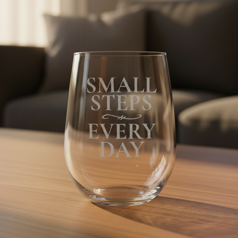 Clear glass with 'Small Steps Every Day' text on a wooden surface with dark background