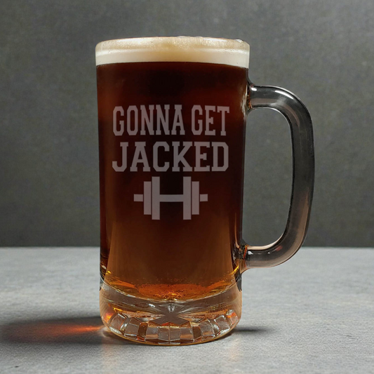 16oz Motivational Beer Mug - Gonna Get Jacked - Inspirational Saying Sandblasted Etched Glass