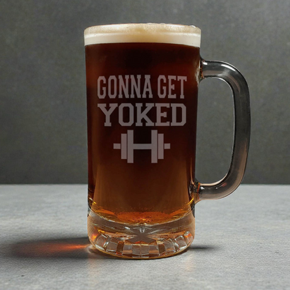 16oz Motivational Beer Mug - Gonna Get Yoked - Inspirational Saying Sandblasted Etched Glass