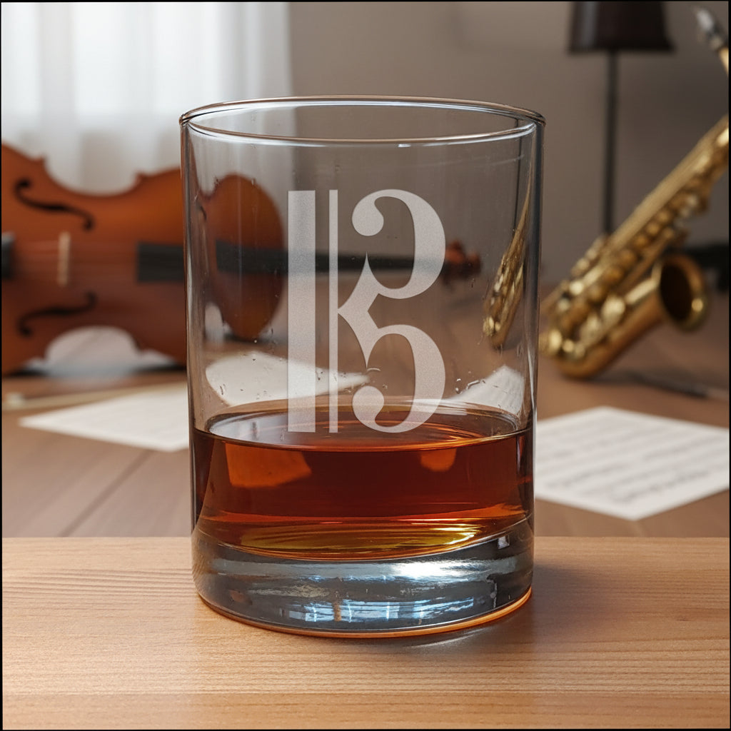 A clear glass rocks tumbler with a frosted alto clef design, partially filled with amber whiskey, set on a light wood surface against a dark gray textureda music room background.