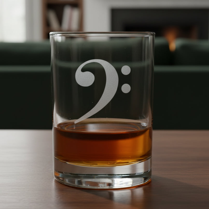 Personalized Bass Clef 13oz Whiskey Glass - Custom Musician Scotch Tumbler