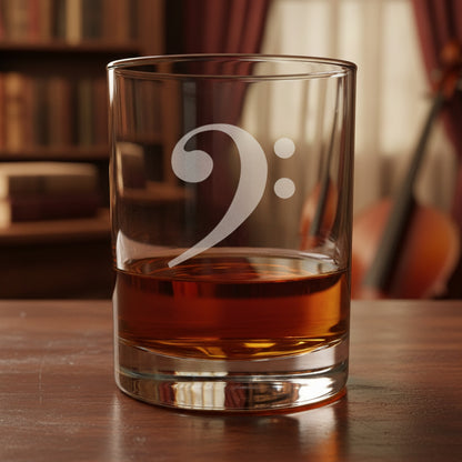 A clear glass rocks tumbler with an etched bass clef symbol, partially filled with amber whiskey, sitting on a wooden surface against a music room background.