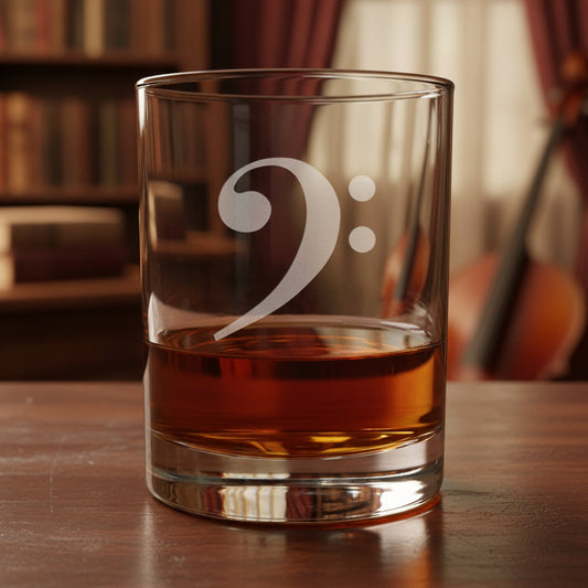 A clear glass rocks tumbler with an etched bass clef symbol, partially filled with amber whiskey, sitting on a wooden surface against a music room background.