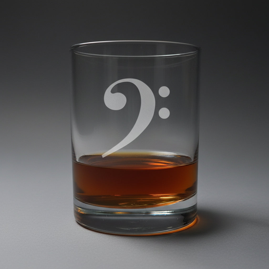A clear glass rocks tumbler with an etched bass clef symbol, partially filled with amber whiskey, sitting on a light wood surface against a gray textured background.