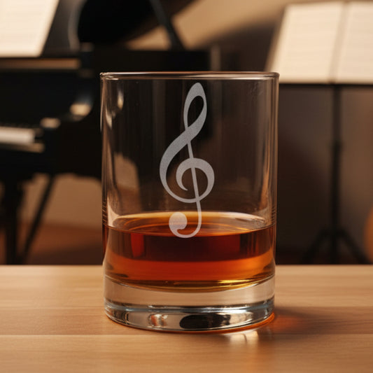 A clear glass rocks tumbler with a white etched treble clef, partially filled with amber whiskey, sitting on a light wood surface