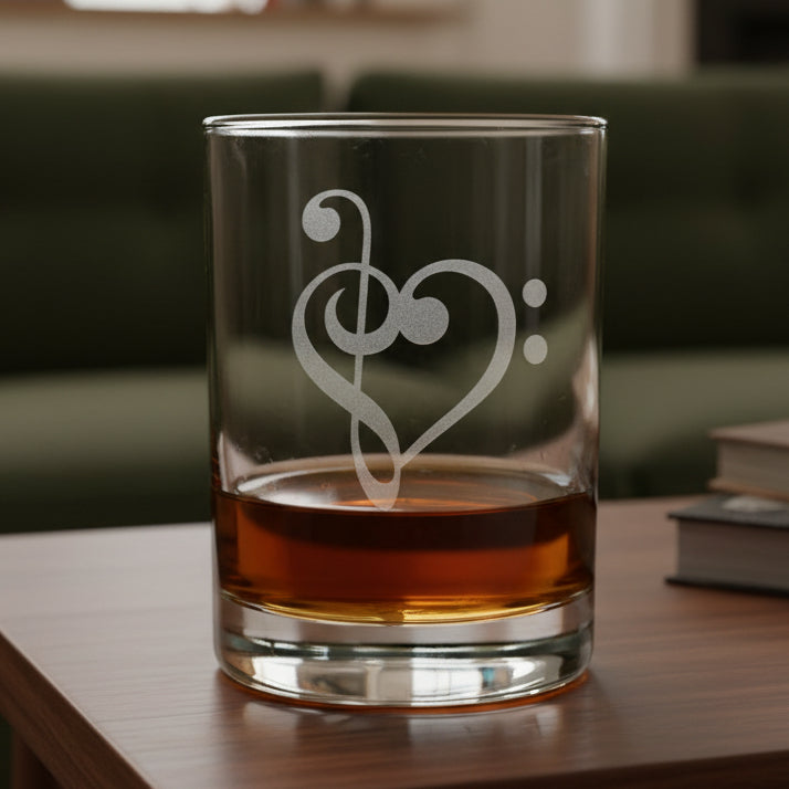 A clear glass rocks tumbler with an etched treble clef and bass clef  symbol, partially filled with amber whiskey, set on a wooden surface against a green couch background.
