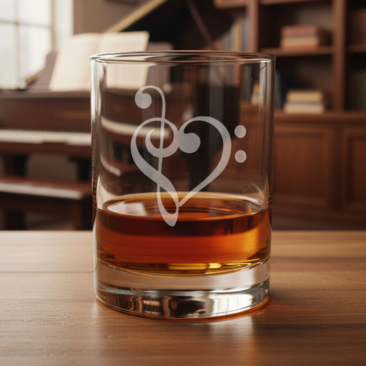 A clear glass rocks tumbler with an etched treble clef and bass clef  symbol, partially filled with amber whiskey, set on a wooden surface against a music room  background.