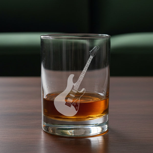 A clear rocks glass with an etched electric guitar design, partially filled with amber liquid, set on a wooden surface against a dark gray background.