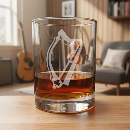 A clear glass rocks tumbler with an etched harp design and shamrock detail, partially filled with amber whiskey, set on a wooden surface the background of a music room.