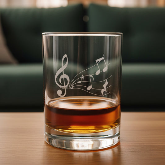 A clear glass rocks tumbler with an etched treble clef and musical notes design, partially filled with amber whiskey, set on a wooden surface
