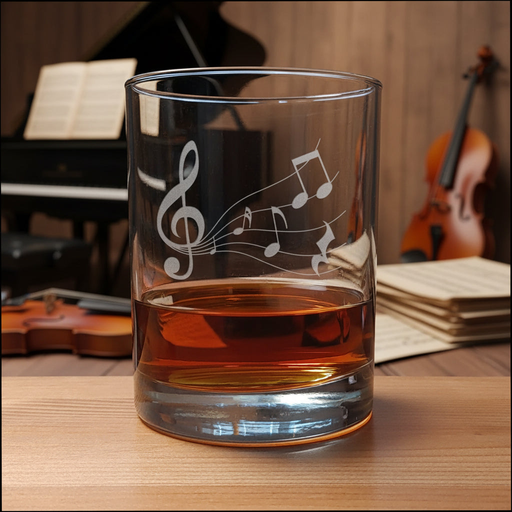 A clear glass rocks tumbler with an etched treble clef and musical notes design, partially filled with amber whiskey, set on a wooden surface 