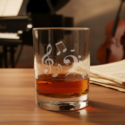 A clear glass rocks tumbler with white etched musical notes (treble clef, bass clef, and eighth notes) sitting on a light wood surface. The glass is partially filled with an amber-colored liquor.