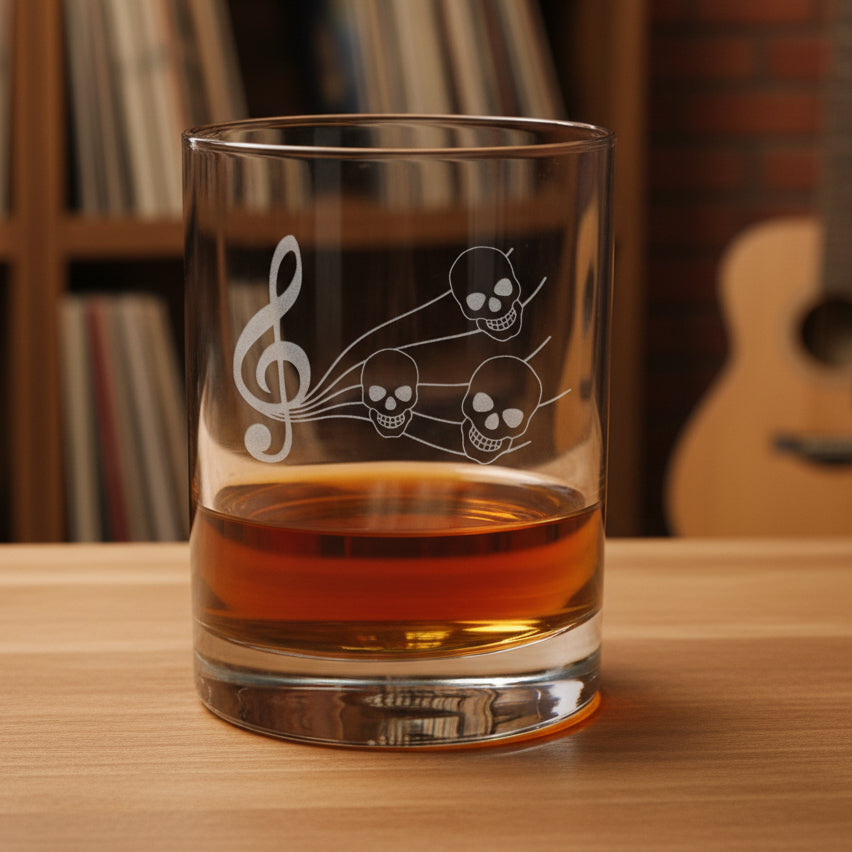 A clear glass rocks tumbler with an etched treble clef and three skulls, partially filled with an amber drink, set on a wooden surface 