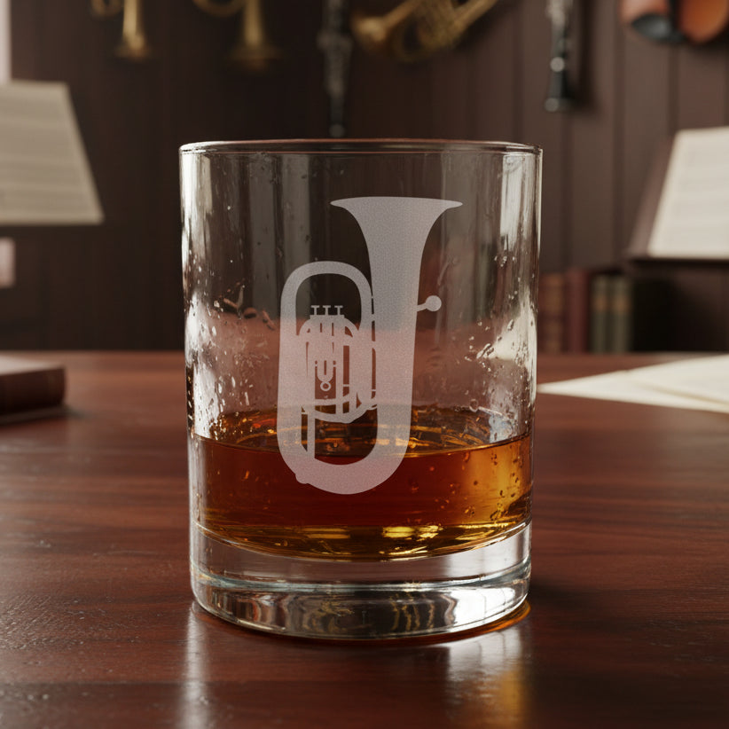 A clear rocks glass with an etched tuba design, partially filled with amber-colored liquid, set on a wooden surface against a green couch background.