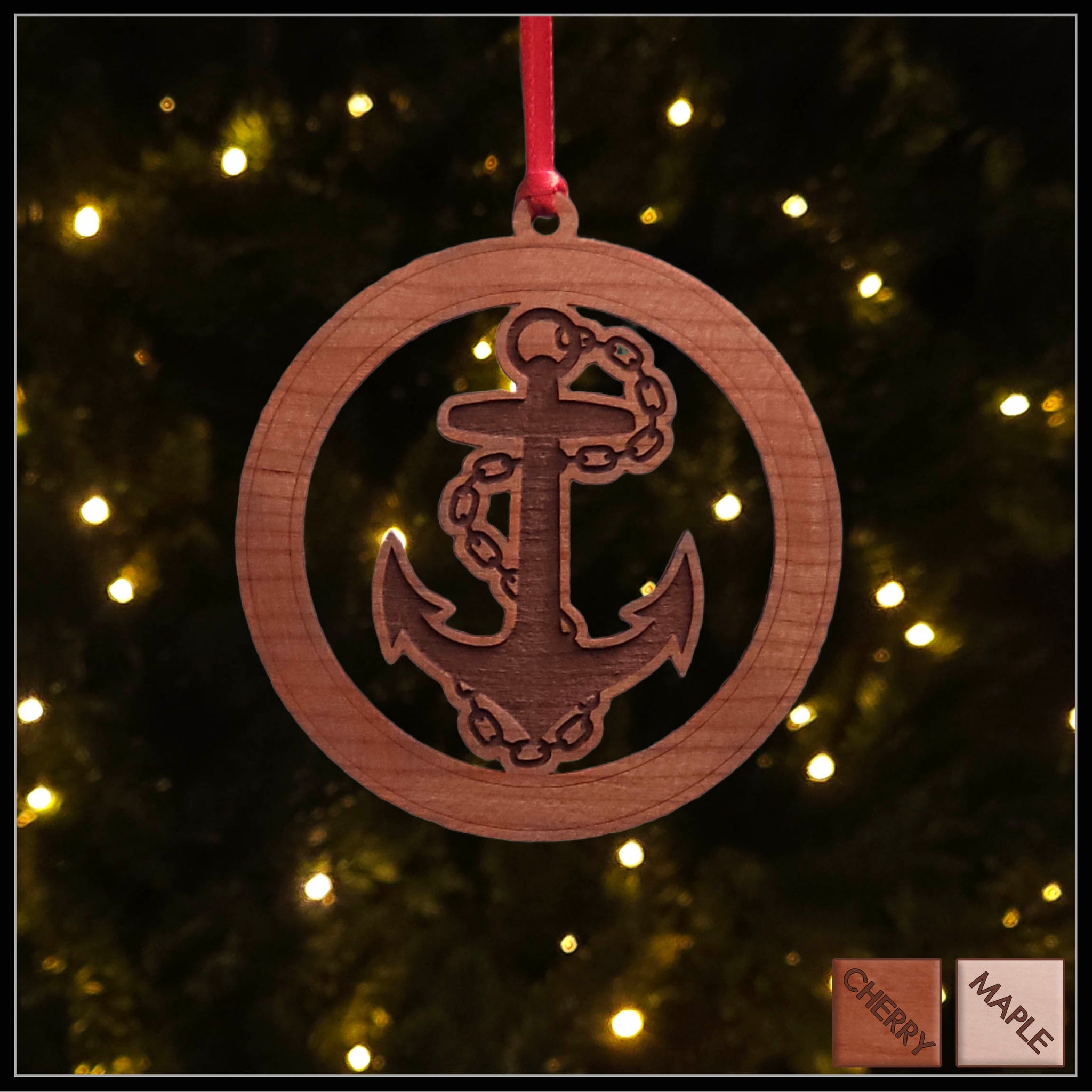 Cherry  Veneer Anchor and Chain Christmas tree ornament - Holiday Decor - Copyright Hues in Glass