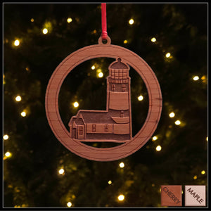 Cherry Veneer Lighthouse Christmas tree ornament - Holiday Decor - Copyright Hues in Glass