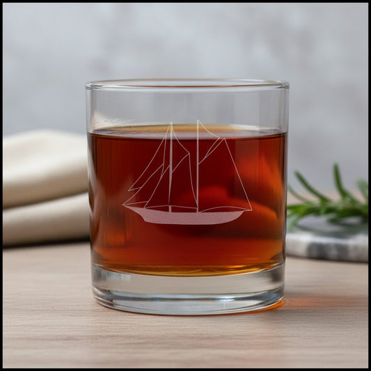 A clear lowball tumbler glass with an etched sailboat design, filled with an amber-brown liquid, set on a light wood surface with a softly blurred background.