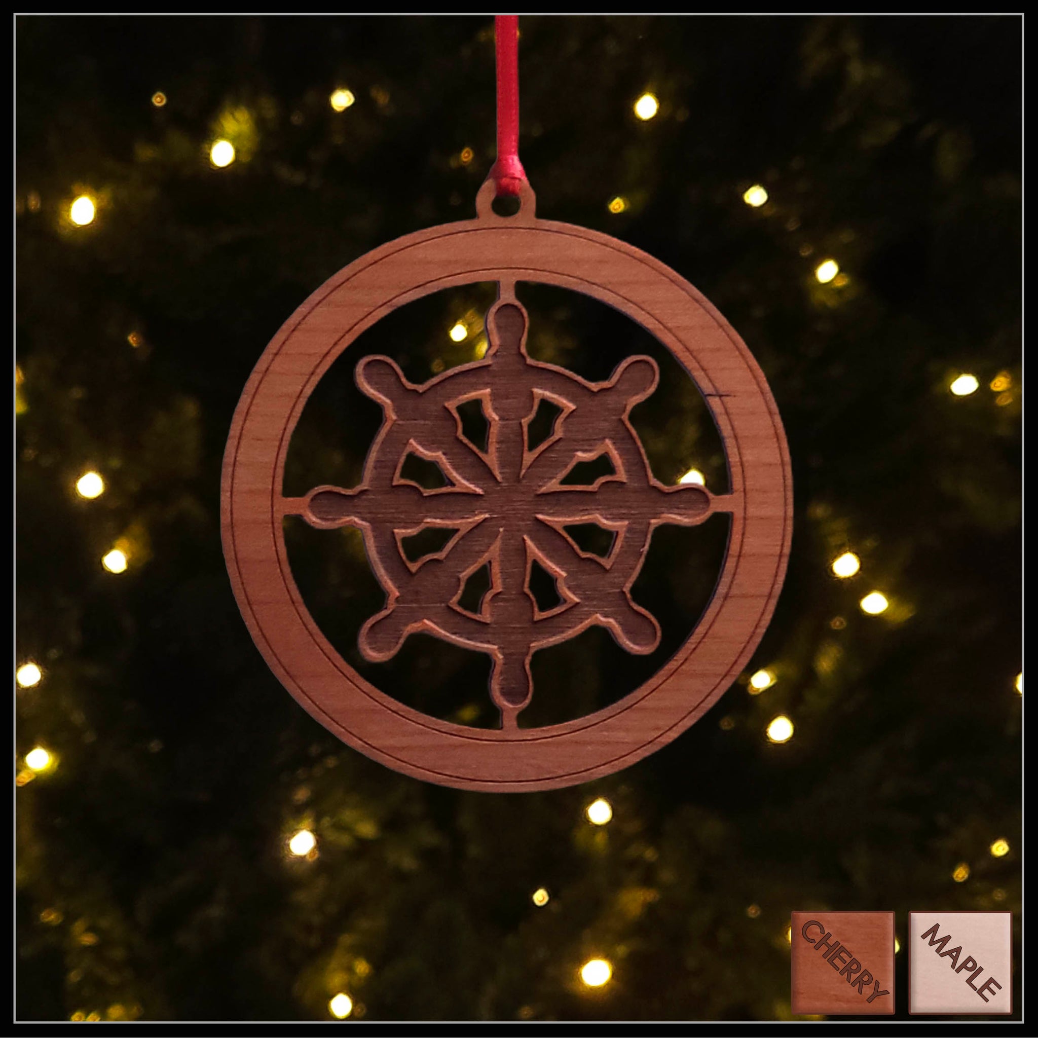 Cherry Ship's Wheel Christmas tree ornament - Holiday Decor - Copyright Hues in Glass